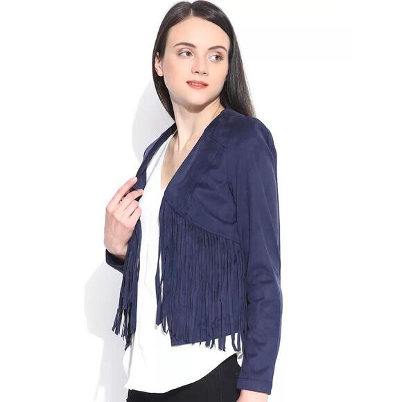 Vero Moda Jackets & Blazers - Vero Moda Women's Navy Open Faux Suede Southwestern Fringe Jacket Extra Small